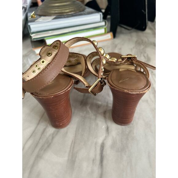 Brian Atwood Brown Leather & Gold Stud Gladiator Heeled Sandals - Picture 4 of 9